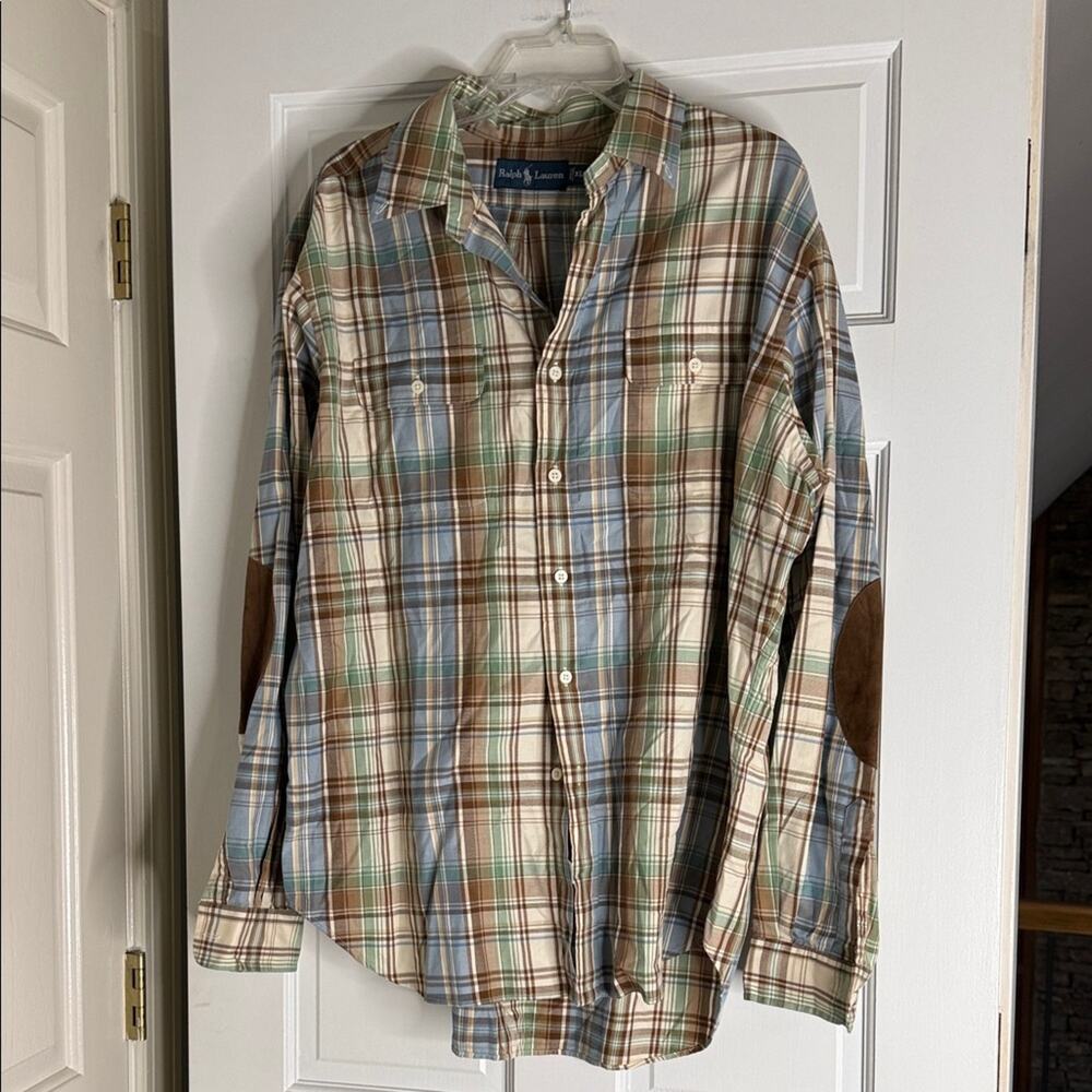 Ralph Lauren Blue Label Plaid Shirt in Earth Tones suede elbow patches. XL